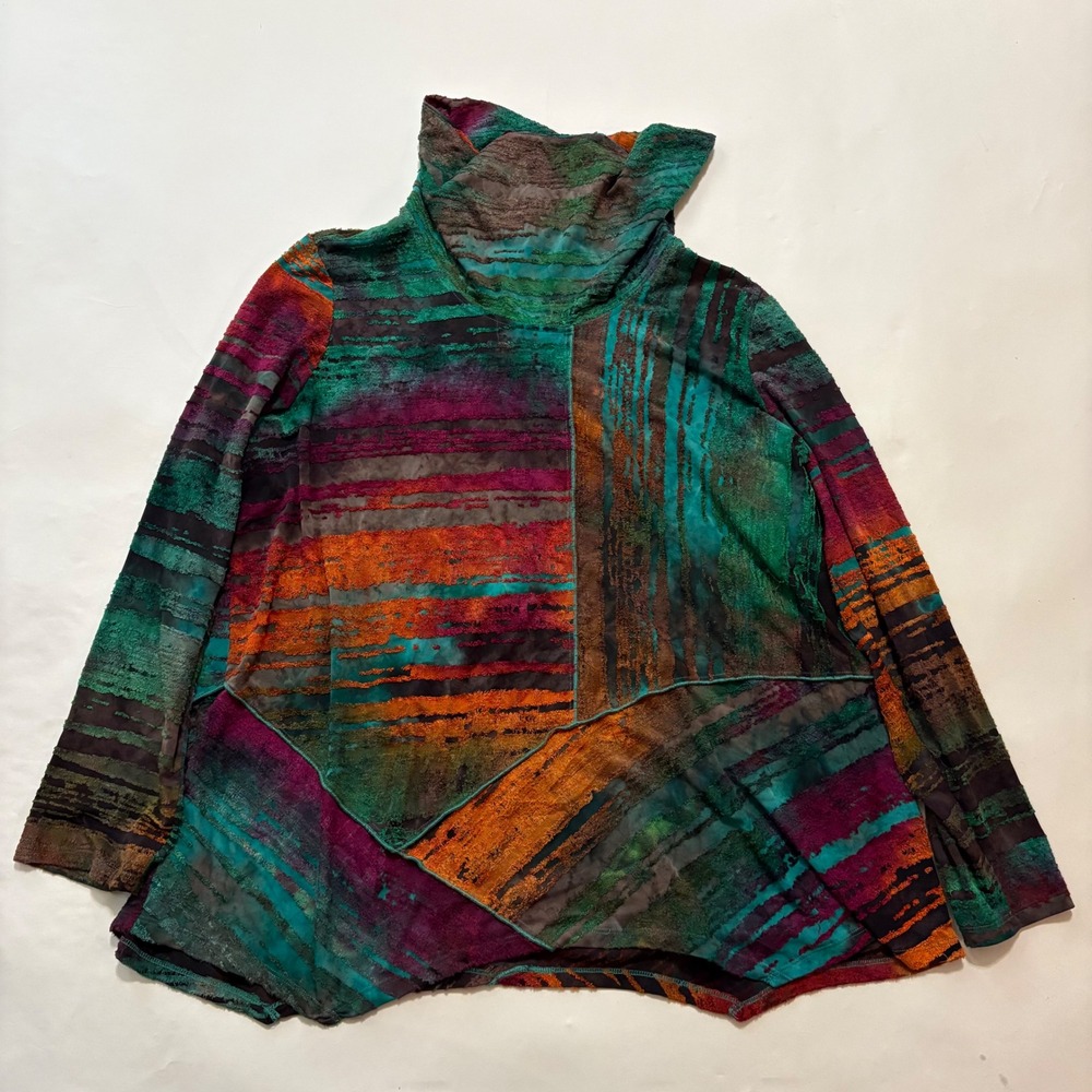 Ali Miles 1X Abstract Multi Color Burnout Cowl Neck Tunic Top Asymmetrical Hem